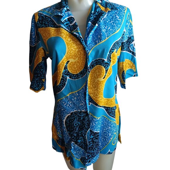 Women's Large Vintage Psychedelic 70s Top Button-Up Shirt Swirl Pattern Pykettes - Picture 1 of 8